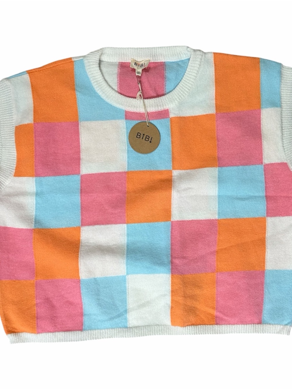 BIBI Checkerboard Knit Top/Vest- Pink, Orange, Light Blue, White Super Soft - Picture 3 of 6
